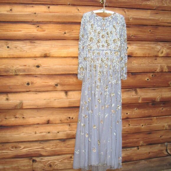 Mac Duggal 5533 Womens Embellished High Neck Long Sleeve Gown Dress Platinum - Picture 6 of 13